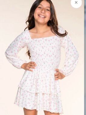 Girls' White Pink Floral Smocked Tiered Dress